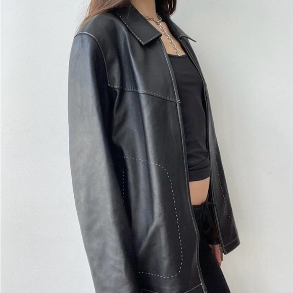 ITALIAN VINTAGE ZIP UP CONTRAST STITCH BLACK LEATHER JACKET - Picture 7 of 8